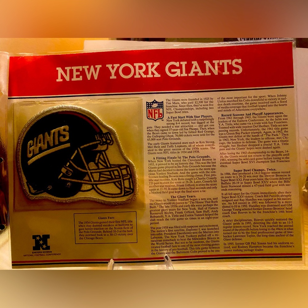 Willabee & Ward NFL Team Patch & Fact Card New York Giants New! Sealed Mint